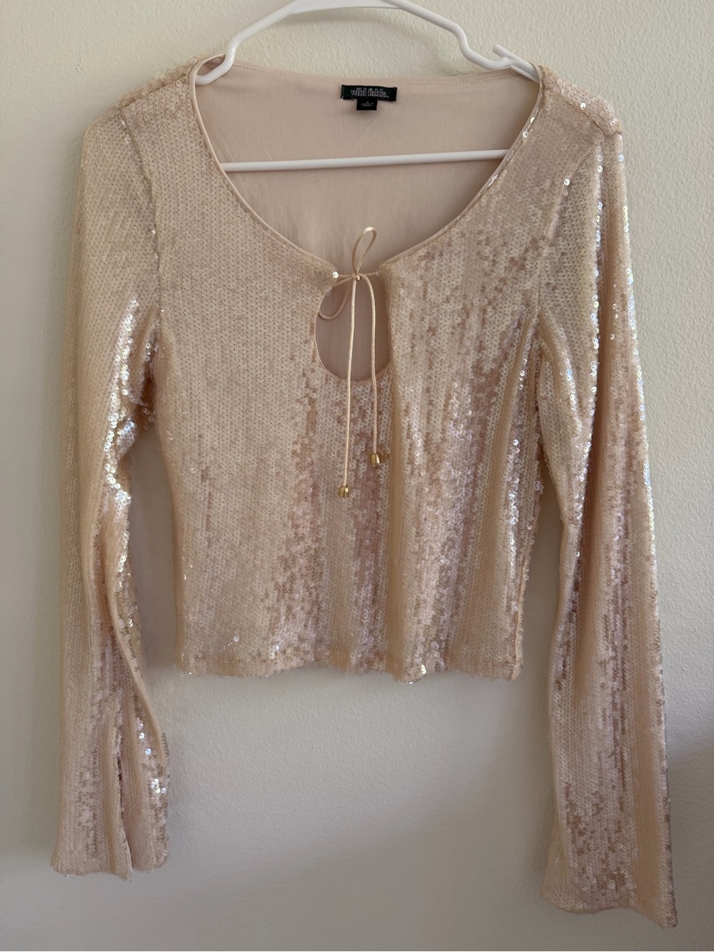 Champagne Sequin Tie-Front Long Sleeve Top